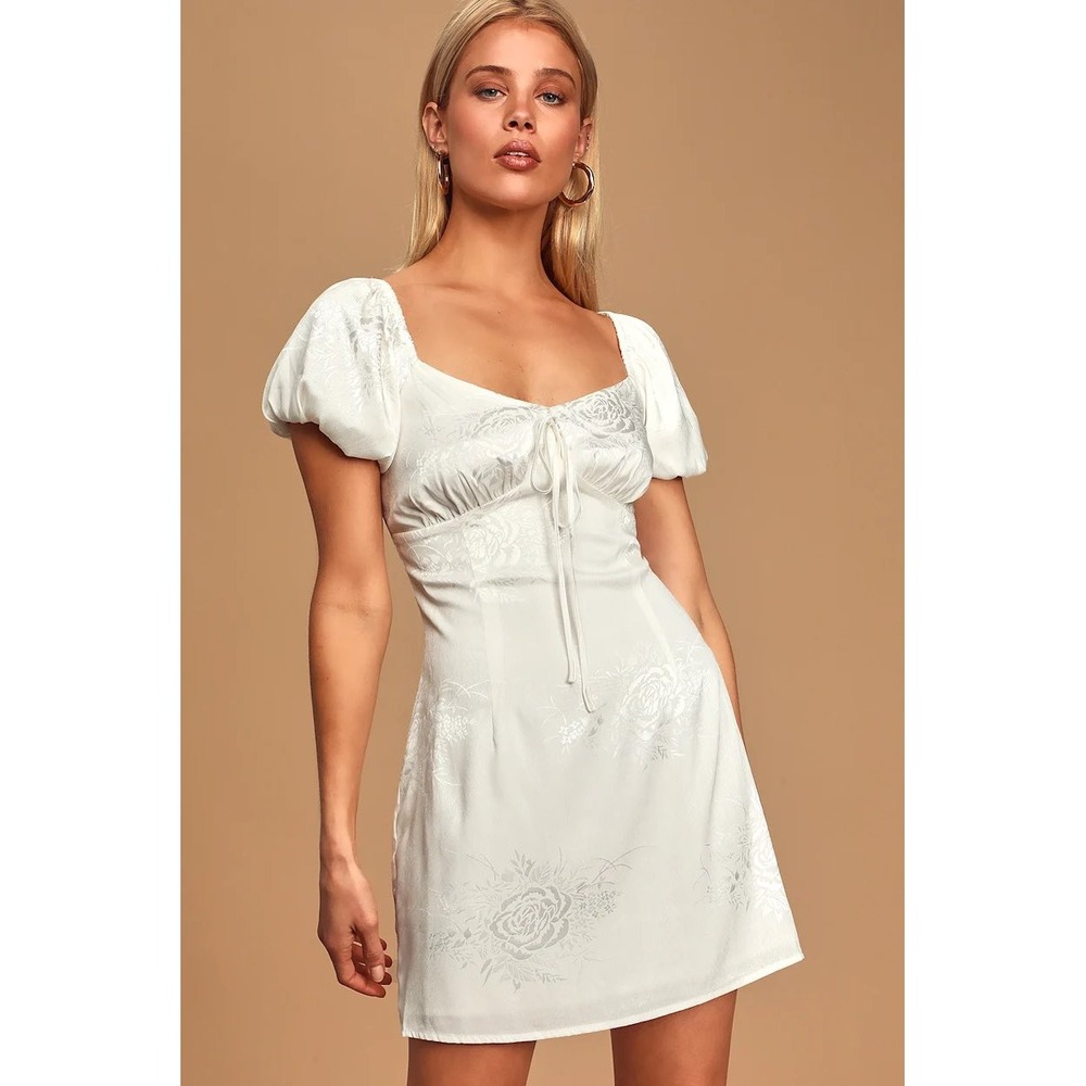 Lulus White Floral Jacquard Puff Sleeve Sweetheart Neckline Mini Dress Size L